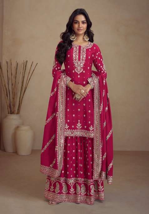 Red Sequin Work Silk Blend Salwar Kameez