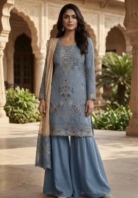 Blue Embroidered Silk Blend Salwar Kameez