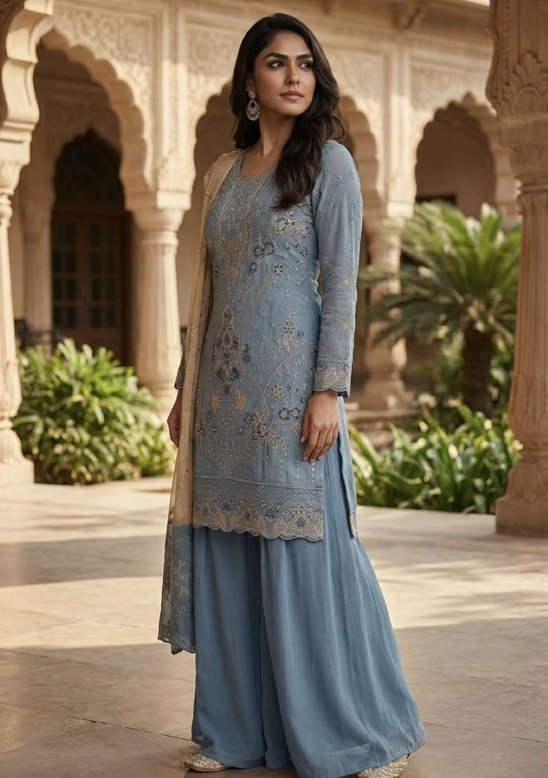 Blue Embroidered Silk Blend Salwar Kameez - Indya