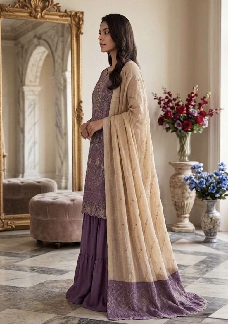Purple Embroidered Silk Blend Salwar Kameez - Indya