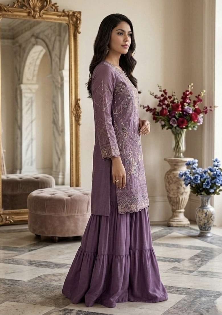 Purple Embroidered Silk Blend Salwar Kameez - Indya
