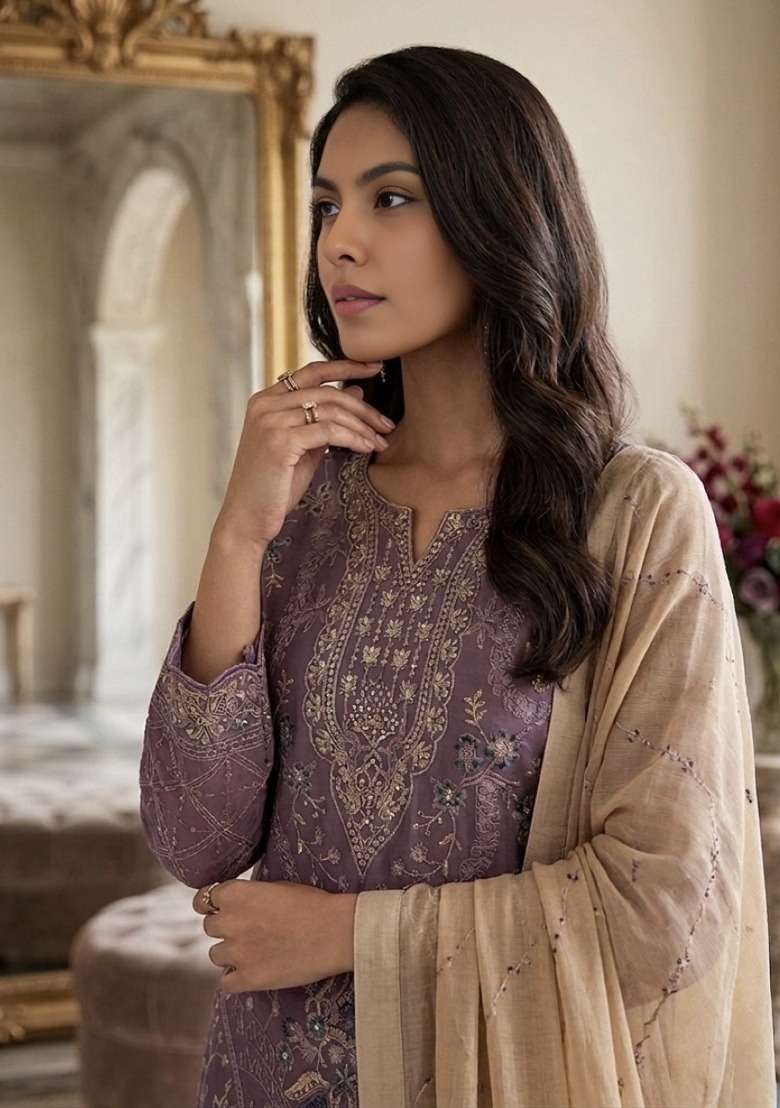 Purple Embroidered Silk Blend Salwar Kameez - Indya