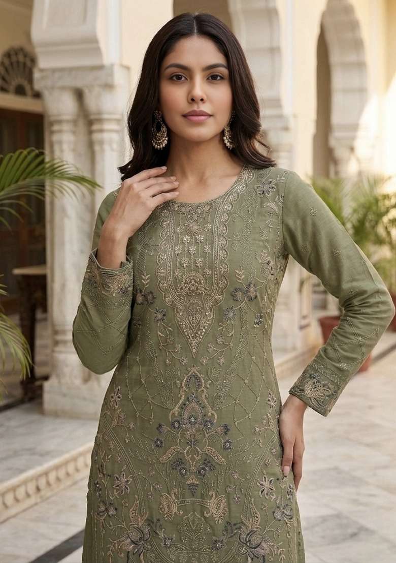 Mehendi Embroidered Silk Blend Salwar Kameez - Indya