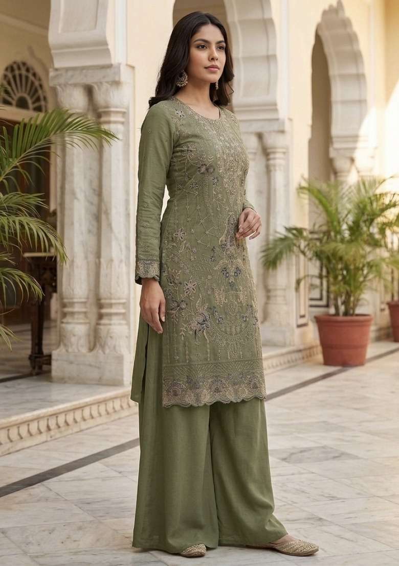 Mehendi Embroidered Silk Blend Salwar Kameez - Indya