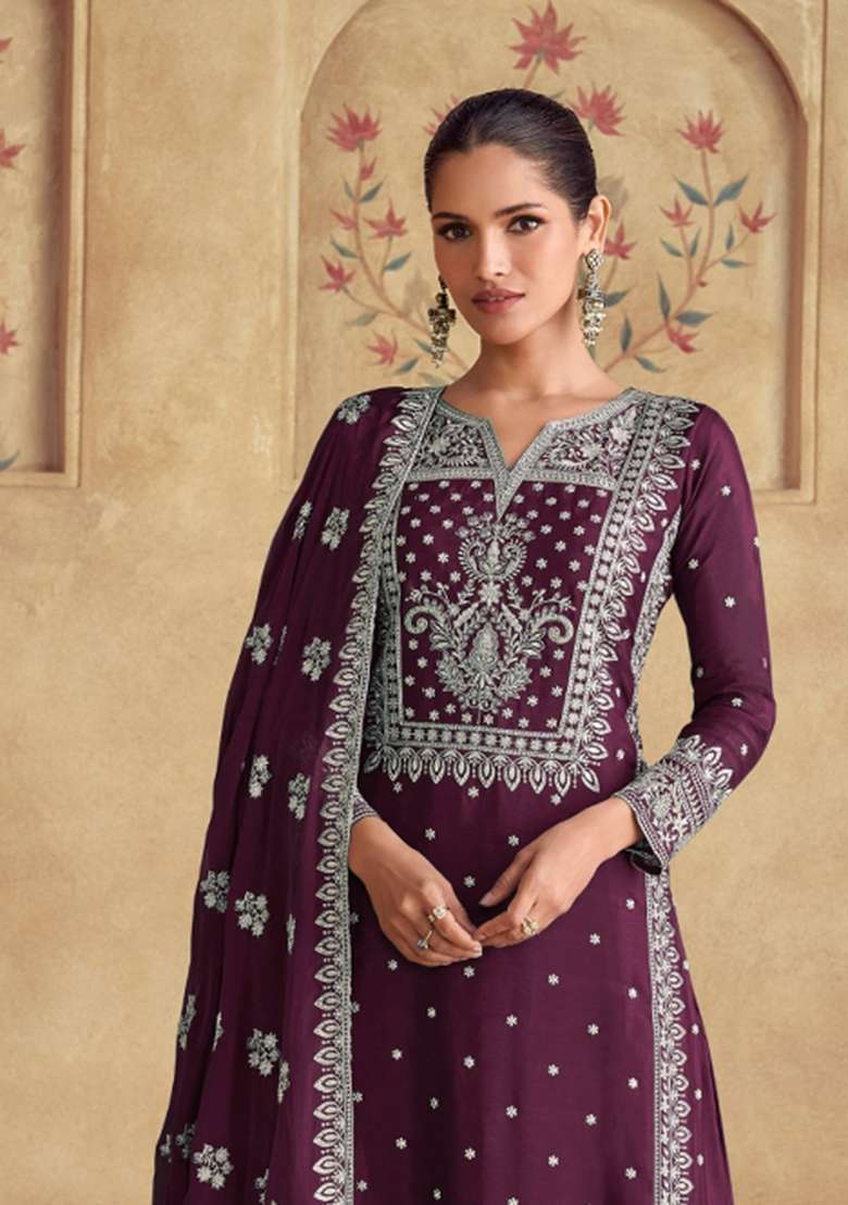 Wine Embroidered Georgette Salwar Kameez - Indya