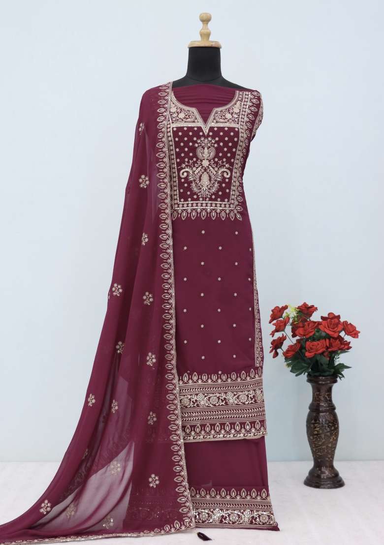 Wine Embroidered Georgette Salwar Kameez - Indya
