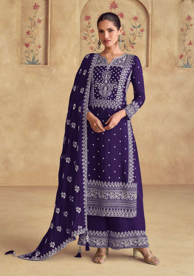 Purple Embroidered Georgette Salwar Kameez - Indya