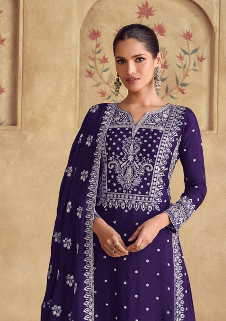 Purple Embroidered Georgette Salwar Kameez - Indya