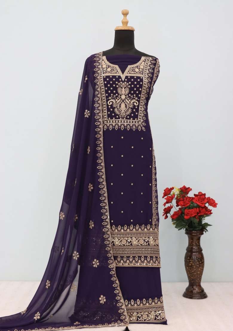 Purple Embroidered Georgette Salwar Kameez - Indya