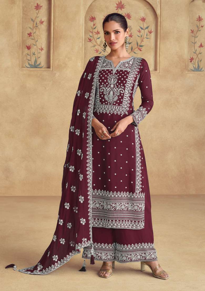 Maroon Embroidered Georgette Salwar Kameez - Indya
