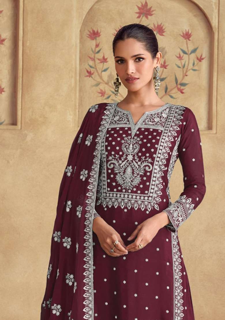 Maroon Embroidered Georgette Salwar Kameez - Indya