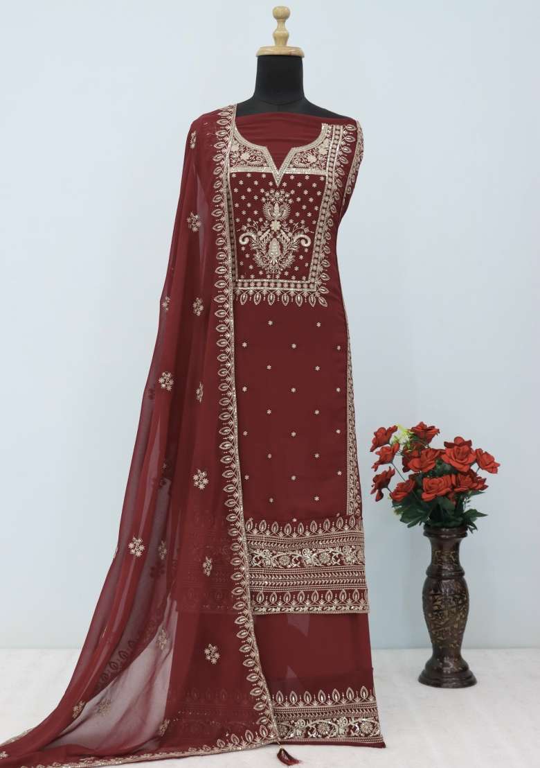 Maroon Embroidered Georgette Salwar Kameez - Indya