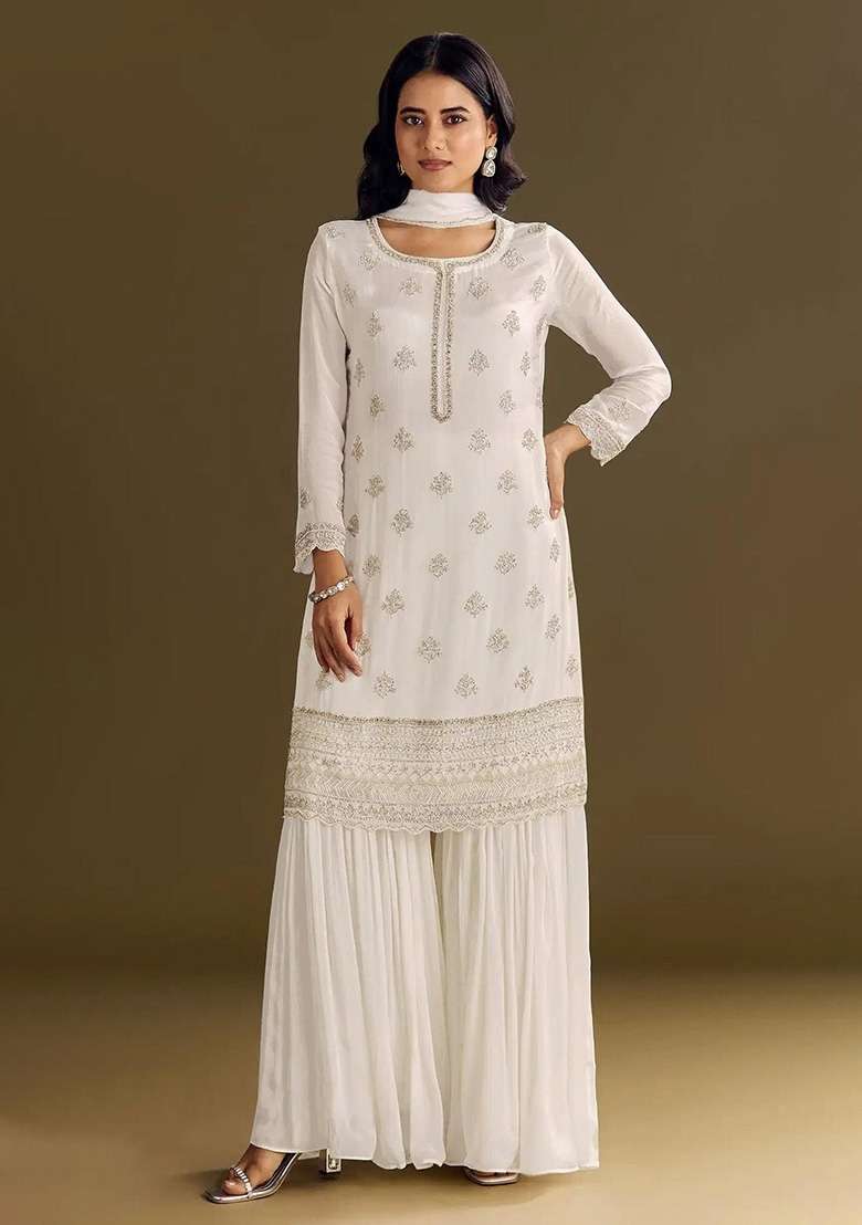 White Embroidered Silk Blend Salwar Kameez - Indya
