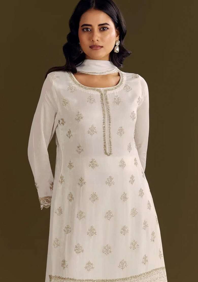 White Embroidered Silk Blend Salwar Kameez - Indya