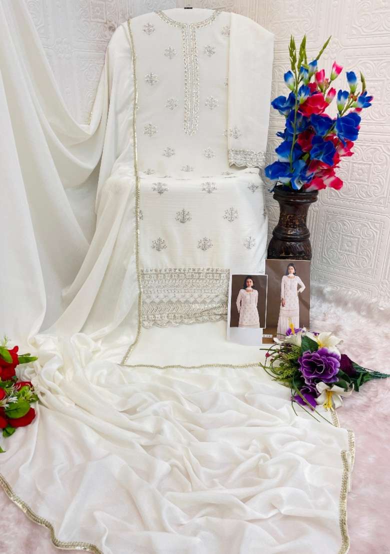 White Embroidered Silk Blend Salwar Kameez - Indya