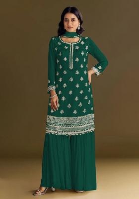 Dark Green Embroidered Silk Blend Salwar Kameez