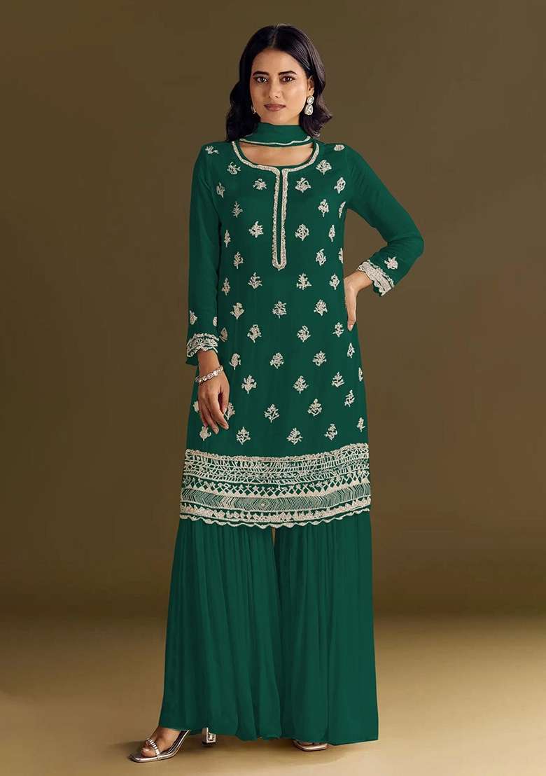 Dark Green Embroidered Silk Blend Salwar Kameez - Indya