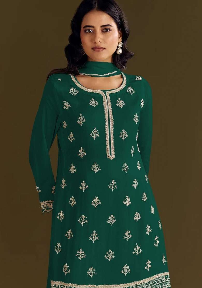 Dark Green Embroidered Silk Blend Salwar Kameez - Indya