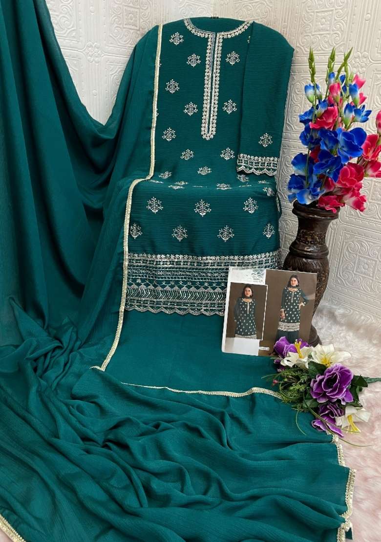 Dark Green Embroidered Silk Blend Salwar Kameez - Indya