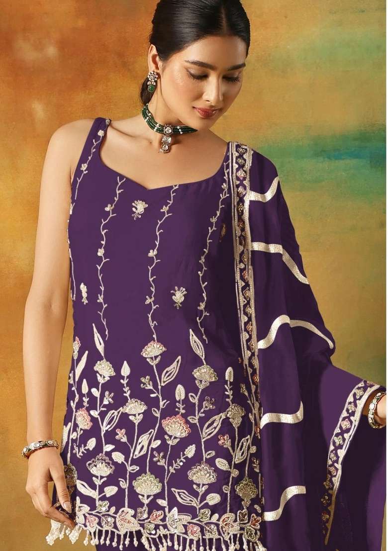 Violet Embroidered Georgette Salwar Kameez - Indya