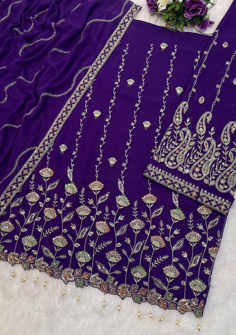 Violet Embroidered Georgette Salwar Kameez - Indya