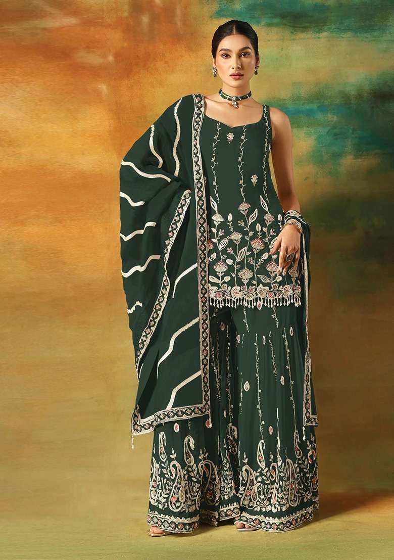 Dark Green Embroidered Georgette Salwar Kameez - Indya