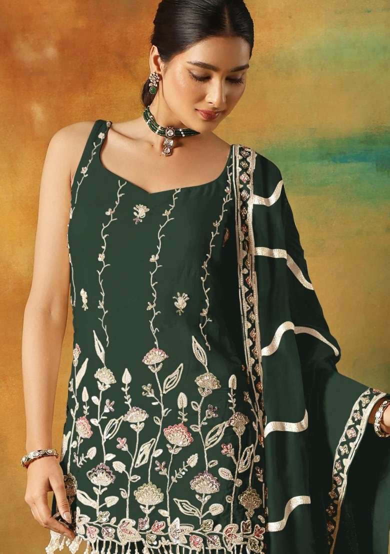 Dark Green Embroidered Georgette Salwar Kameez - Indya