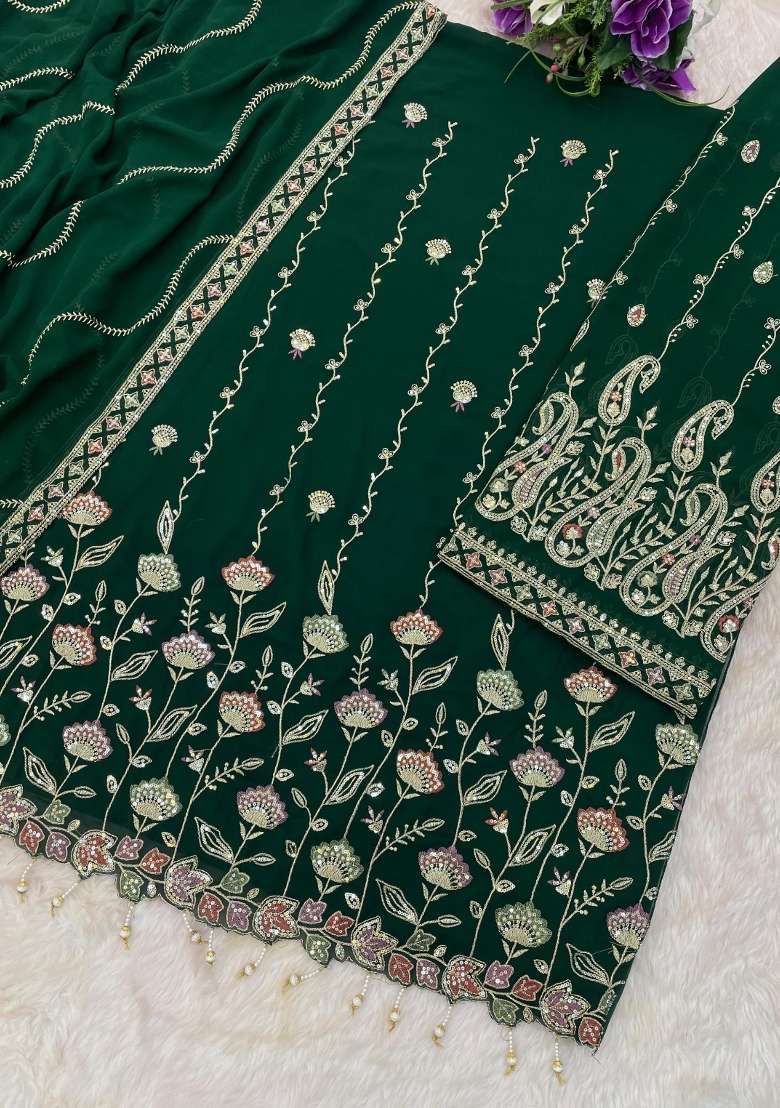 Dark Green Embroidered Georgette Salwar Kameez - Indya