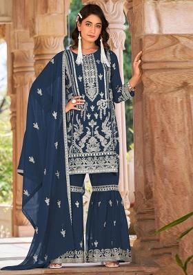 Navy Blue Embroidered Organza Salwar Kameez