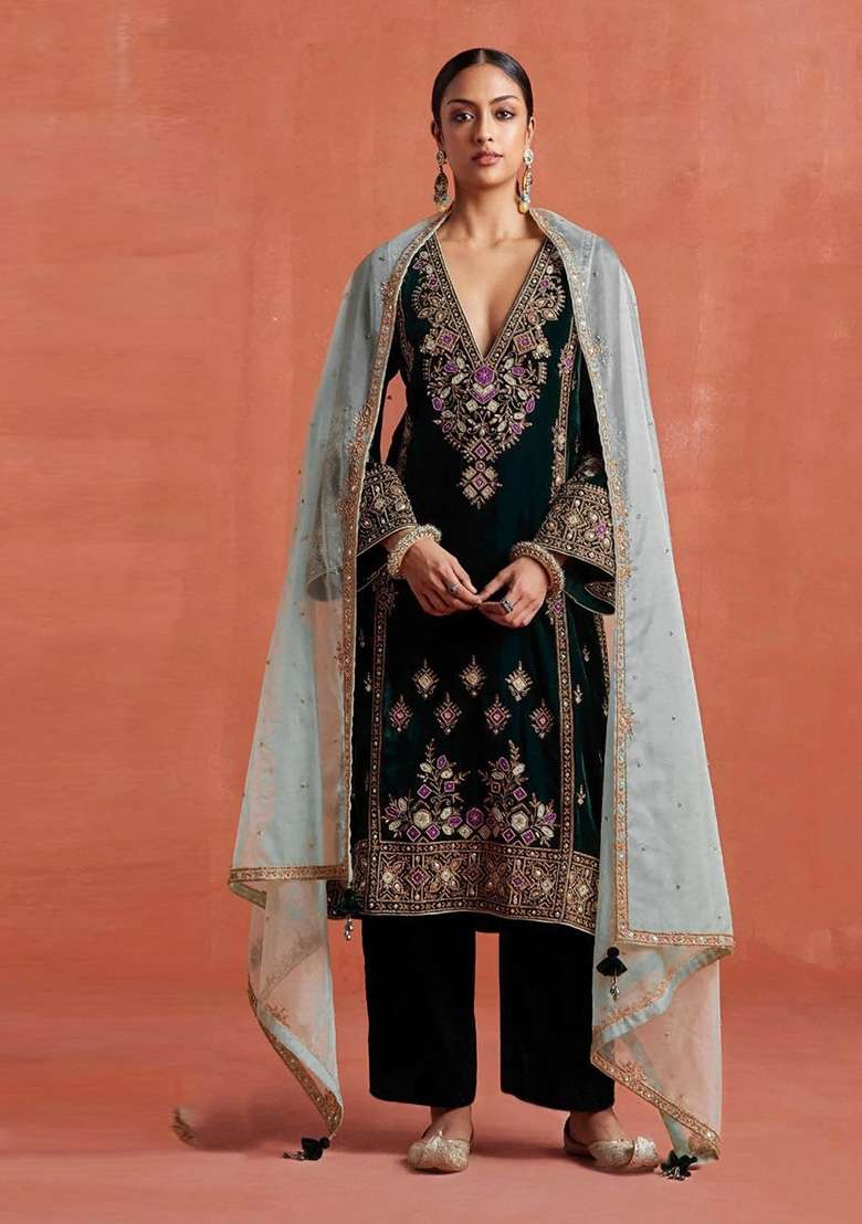 Black Embroidered Velvet Salwar Kameez - Indya