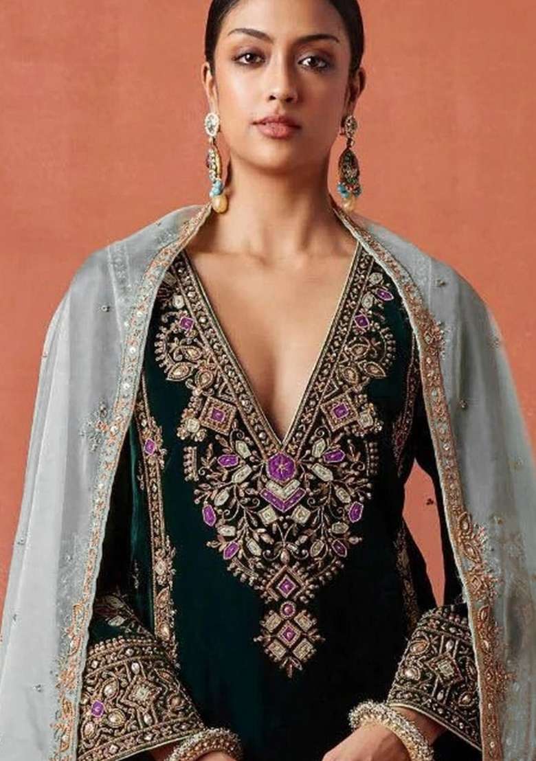 Black Embroidered Velvet Salwar Kameez - Indya