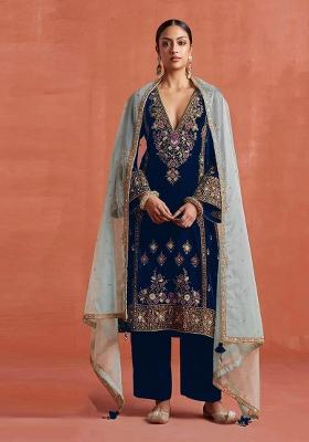 Navy Blue Embroidered Velvet Salwar Kameez
