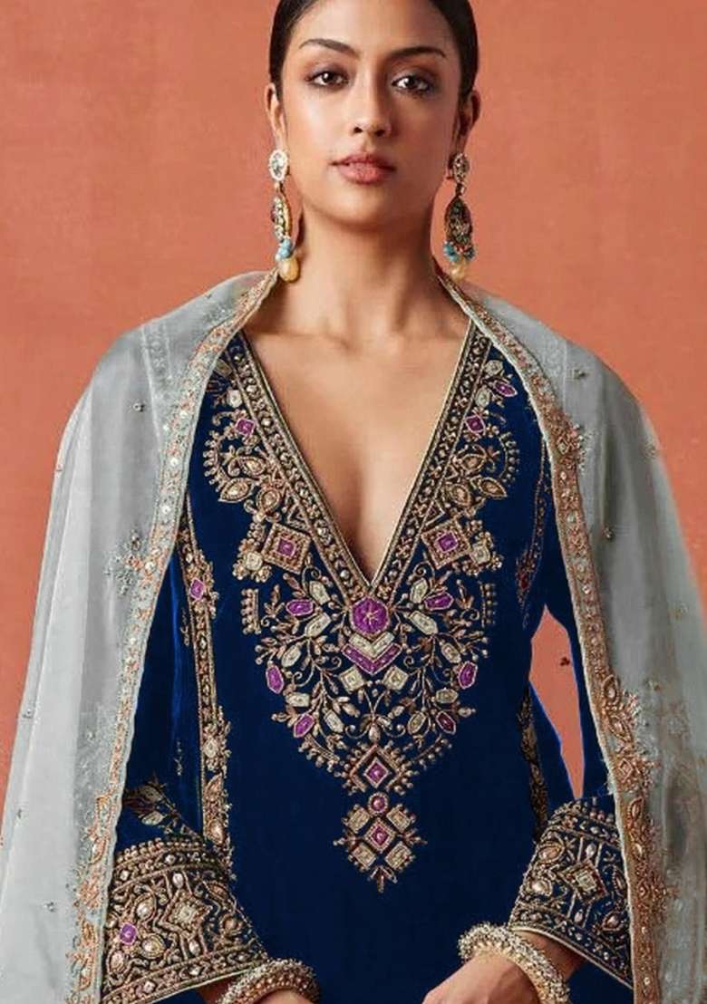 Navy Blue Embroidered Velvet Salwar Kameez - Indya