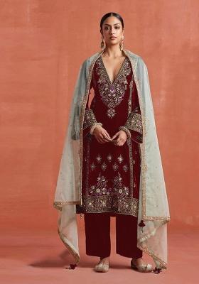 Red Embroidered Velvet Salwar Kameez