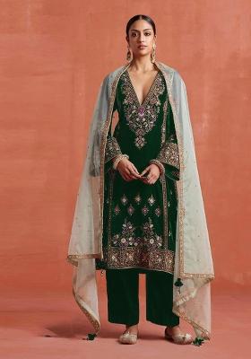 Dark Green Embroidered Velvet Salwar Kameez