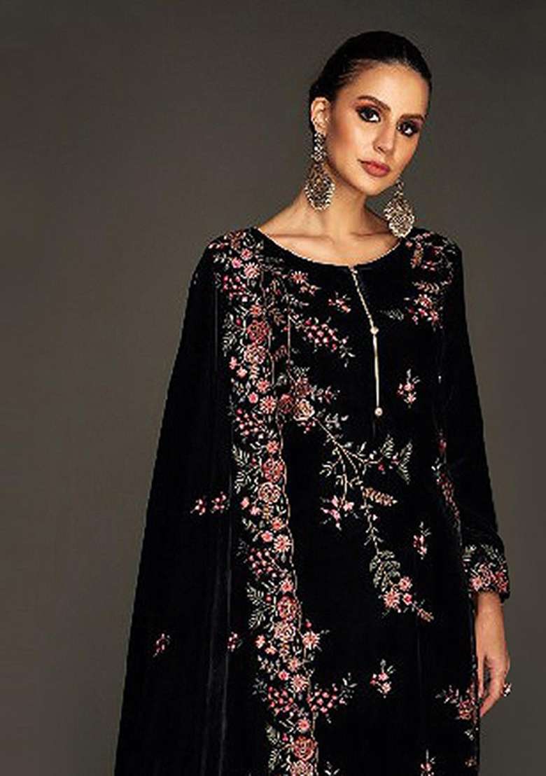Black Embroidered Velvet Salwar Kameez - Indya