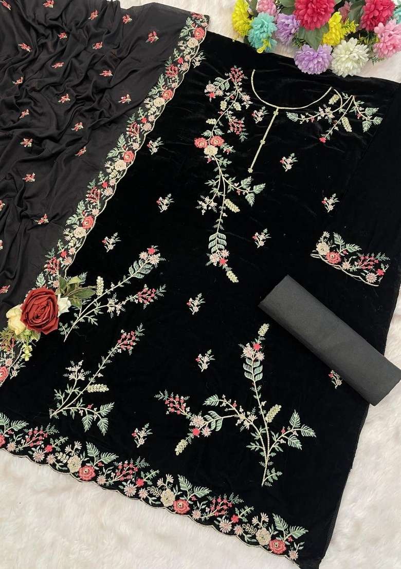 Black Embroidered Velvet Salwar Kameez - Indya