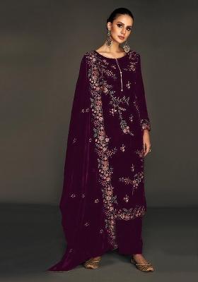 Purple Embroidered Velvet Salwar Kameez