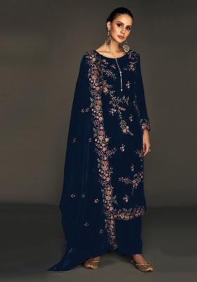 Navy Blue Embroidered Velvet Salwar Kameez