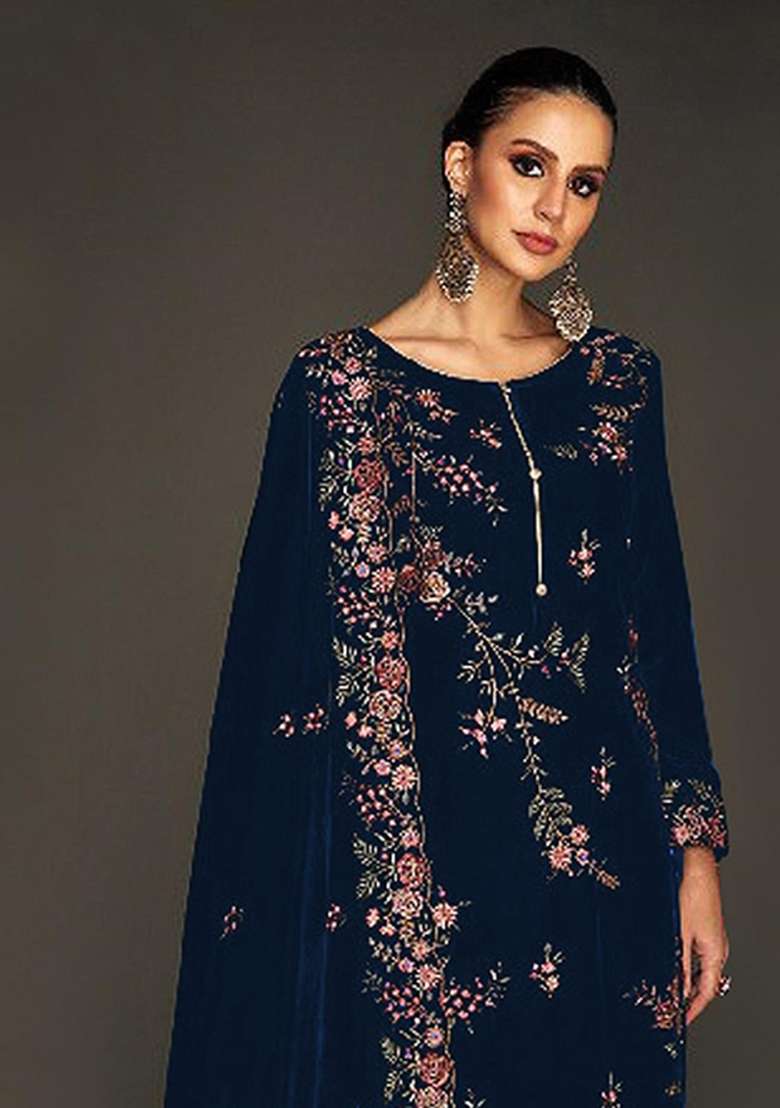 Navy Blue Embroidered Velvet Salwar Kameez - Indya
