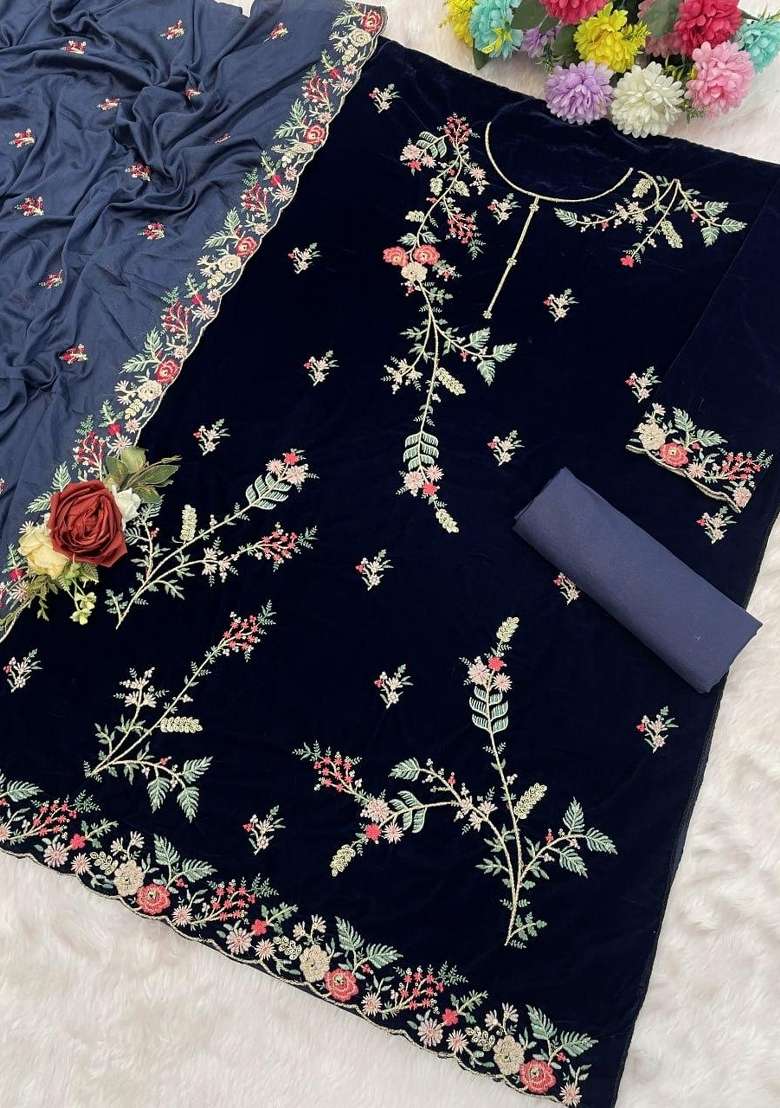 Navy Blue Embroidered Velvet Salwar Kameez - Indya