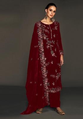 Maroon Embroidered Velvet Salwar Kameez