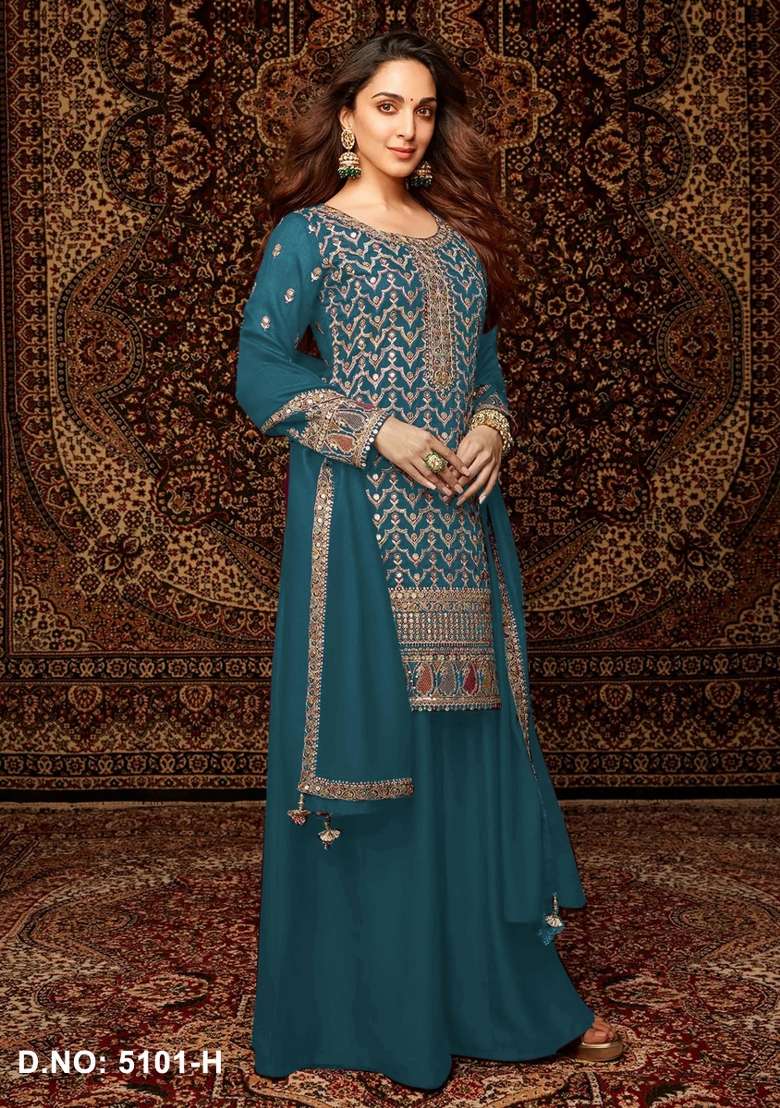 Teal Embroidered Silk Salwar Kameez - Indya