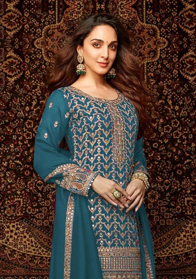 Teal Embroidered Silk Salwar Kameez - Indya