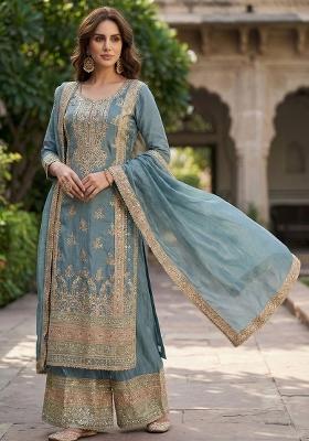 Blue Embroidered Silk Blend Salwar Kameez