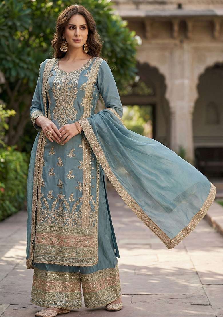 Blue Embroidered Silk Blend Salwar Kameez - Indya