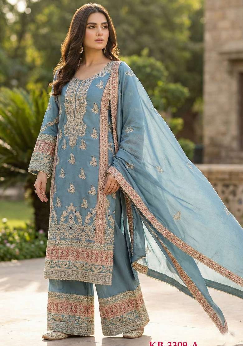 Blue Embroidered Silk Blend Salwar Kameez - Indya