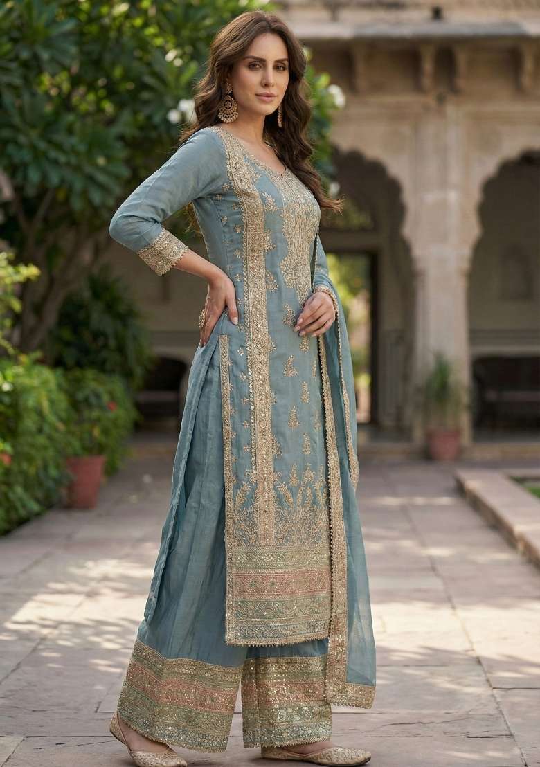 Blue Embroidered Silk Blend Salwar Kameez - Indya