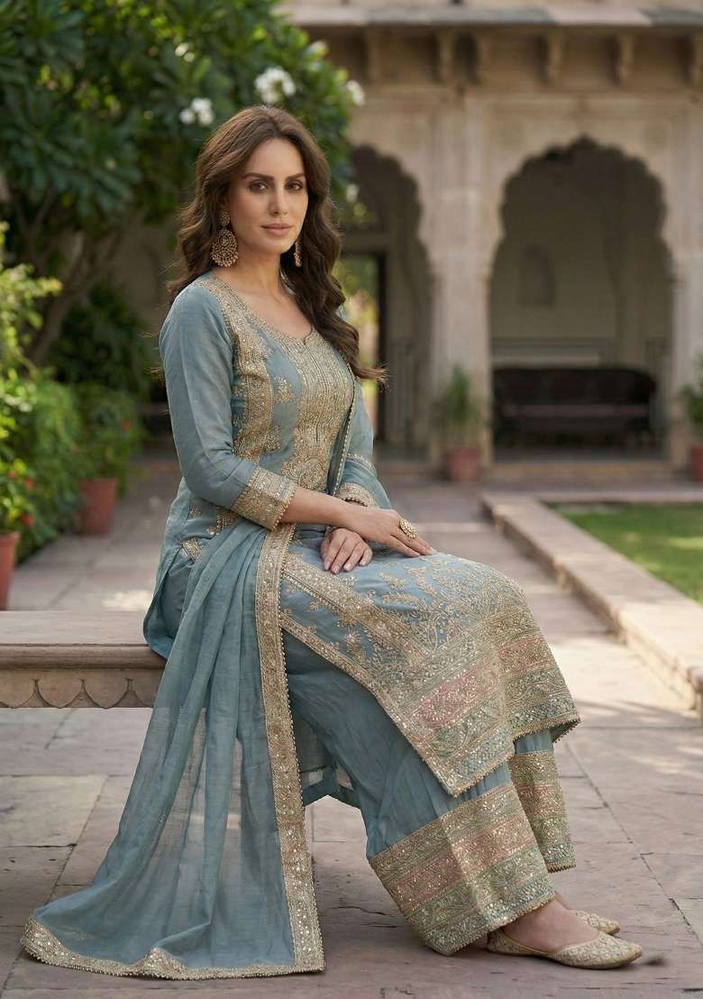 Blue Embroidered Silk Blend Salwar Kameez - Indya