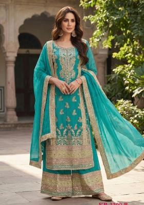 Turquoise Embroidered Silk Blend Salwar Kameez